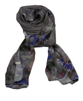 Crepe Silk Scarf - Purple Flowers On Grey