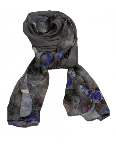 Crepe Silk Scarf - Purple Flowers On Grey