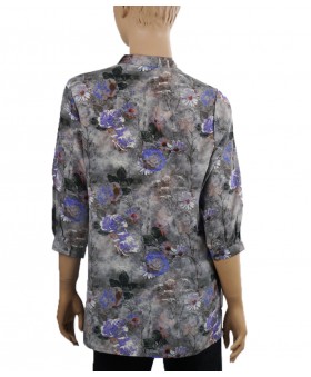 Short Silk Shirt - Purple Flowers On Grey