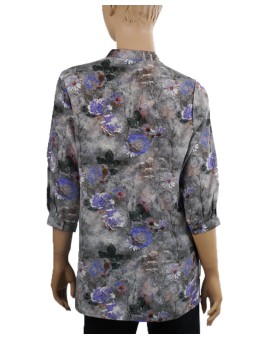Short Silk Shirt - Purple Flowers On Grey
