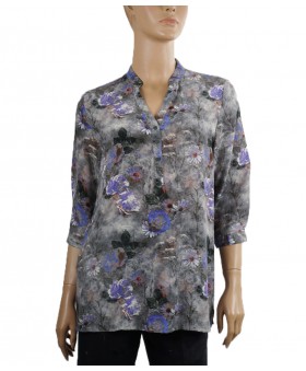 Short Silk Shirt - Purple Flowers On Grey