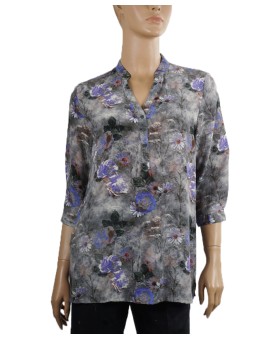 Short Silk Shirt - Purple Flowers On Grey