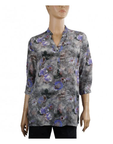 Short Silk Shirt - Purple Flowers On Grey