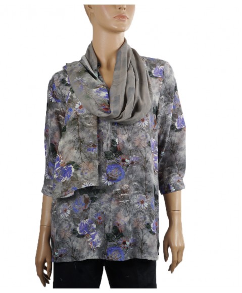 Short Silk Shirt - Purple Flowers On Grey