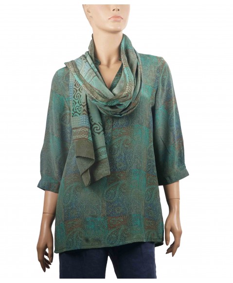 Short Silk Shirt - Paisley On Dusty Green