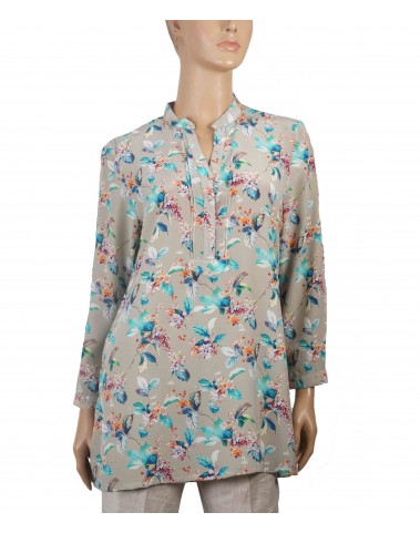 Long Silk Shirt - Leafy Blue Prints