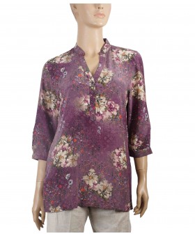 Short Silk Shirt - Beige Purple Floral