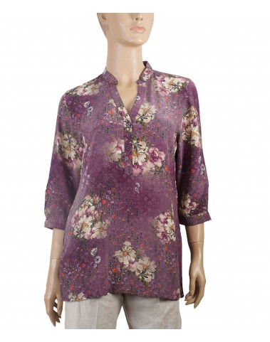Short Silk Shirt - Beige Purple Floral