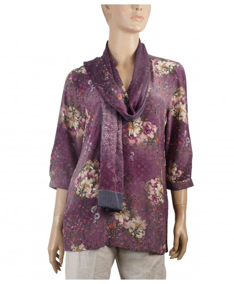 Short Silk Shirt - Beige Purple Floral
