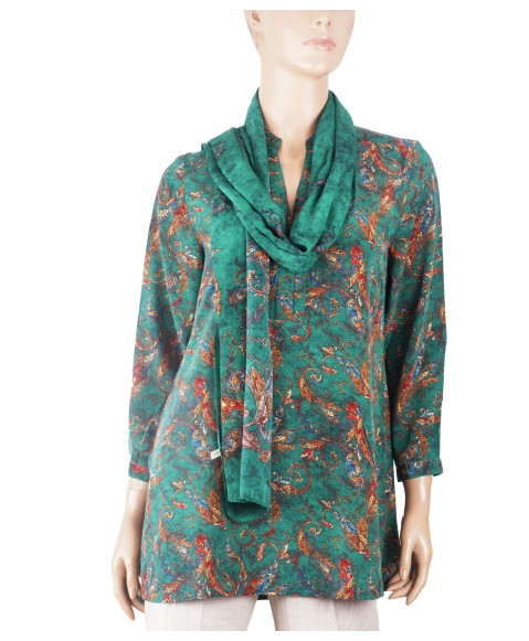 Long Silk Shirt - Red Paisley With The Green Base