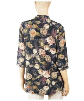Short Silk Shirt - Black Base With Beige Floral