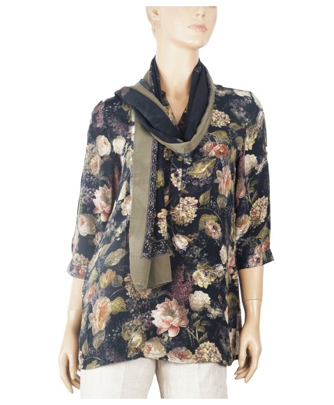 Short Silk Shirt - Black Base With Beige Floral