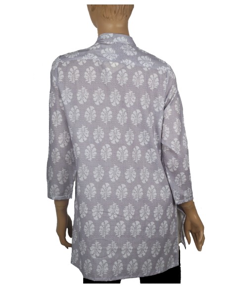 Casual Kurti - White Embroidery On Floral Block Print Casual Kurti - White Embroidery On Floral Block Print