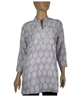 Casual Kurti - White Embroidery On Floral Block Print