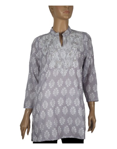 Casual Kurti - White Embroidery On Floral Block Print Casual Kurti - White Embroidery On Floral Block Print
