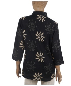 Embroidered Casual Shirt - Beige Floral On Black Base