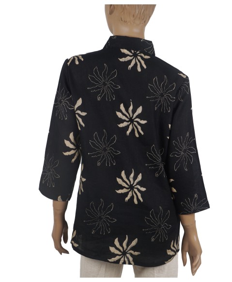 Embroidered Casual Shirt - Beige Floral On Black Base