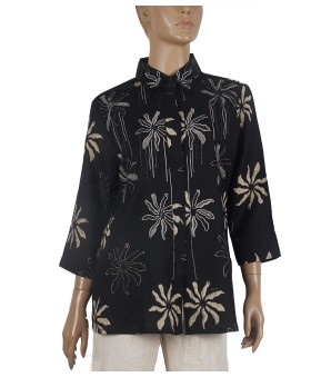 Embroidered Casual Shirt - Beige Floral On Black Base