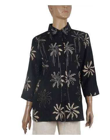 Embroidered Casual Shirt - Beige Floral On Black Base