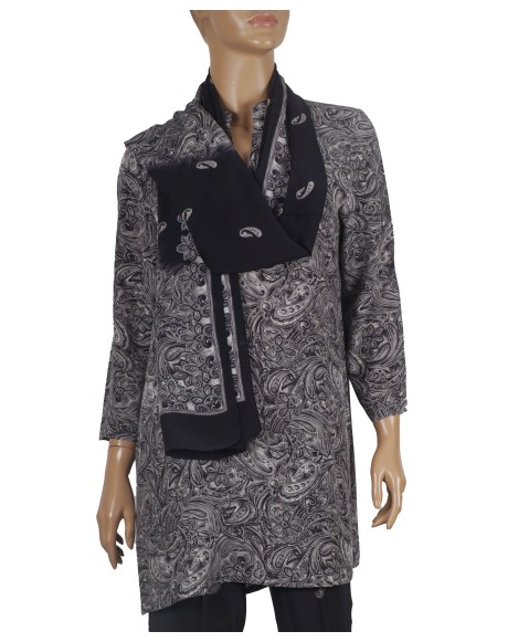 Long Silk Shirt - Black And White Paisley