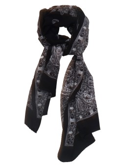 Crepe Silk Scarf - Black And White Paisley