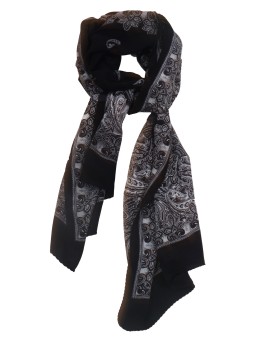 Crepe Silk Scarf - Black And White Paisley
