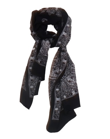 Crepe Silk Scarf - Black And White Paisley
