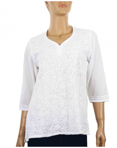 Embroidered Casual Kurti - White Lucknowi 