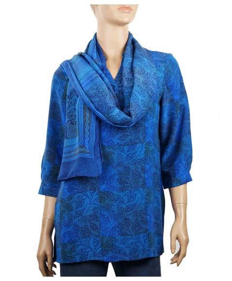 Short Silk Shirt - Blue Leaves