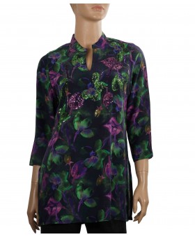Antique Silk Kurti - Purple and Green Floral