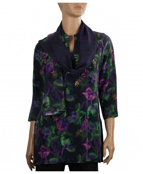 Antique Silk Kurti - Purple and Green Floral