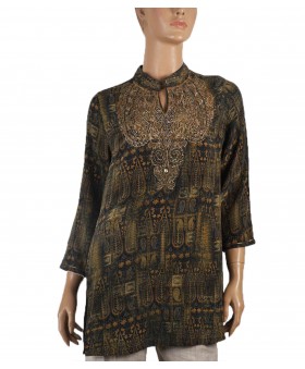 Antique Silk Kurti - Olive green Ethical Print