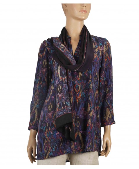 Long Silk Shirt - Black and purple abstract