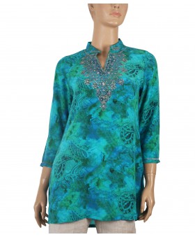 Antique Silk Kurti - Silver Embroidery With Blue Paisley