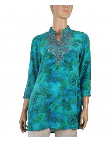 Antique Silk Kurti - Silver Embroidery With Blue Paisley