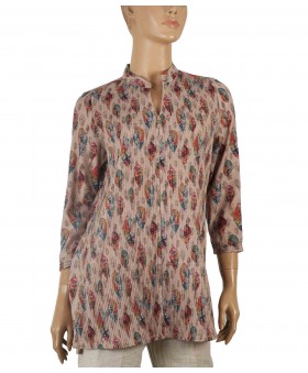 Casual Kurti - Beige With Colorful Leaf