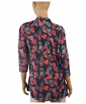 Casual Kurti - Blue Base With Pink Leaf