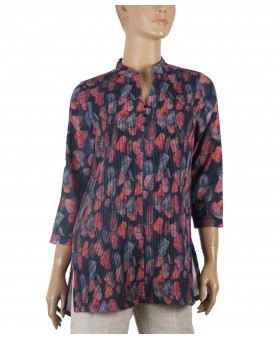 Casual Kurti - Blue Base With Pink Leaf