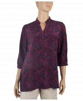 Short Silk Shirt - Purple Paisley with Flowers 