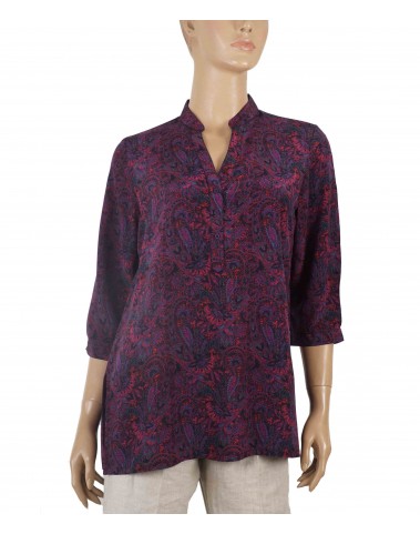 Short Silk Shirt - Purple Paisley with Flowers 