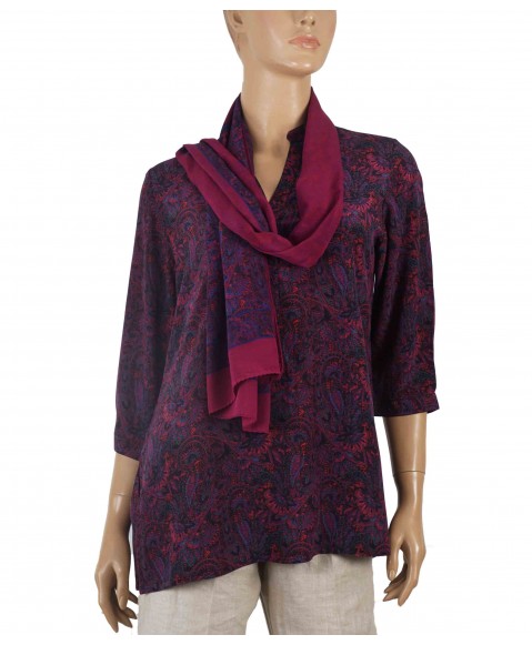 Short Silk Shirt - Purple Paisley with Flowers 