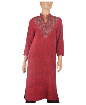 Long Embroidered Silk Kurti - Magenta Embroidery