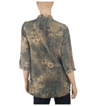 Short Silk Shirt - Beige Flowers On The Olive Green Base