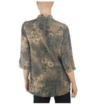 Short Silk Shirt - Beige Flowers On The Olive Green Base