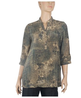 Short Silk Shirt - Beige Flowers On The Olive Green Base