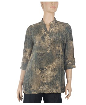 Short Silk Shirt - Beige Flowers On The Olive Green Base