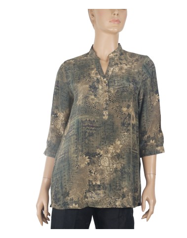 Short Silk Shirt - Beige Flowers On The Olive Green Base