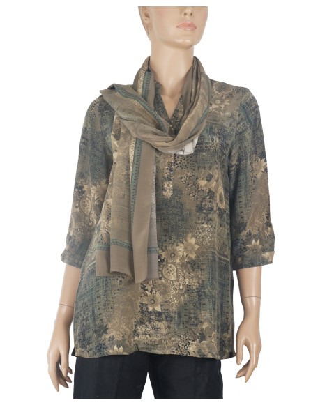 Short Silk Shirt - Beige Flowers On The Olive Green Base