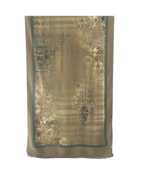 Crepe Silk Scarf - Beige Flowers On The Olive Green Base