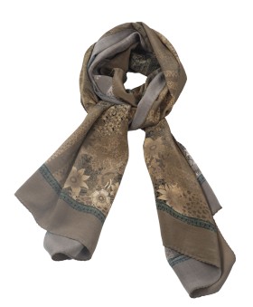 Crepe Silk Scarf - Beige Flowers On The Olive Green Base